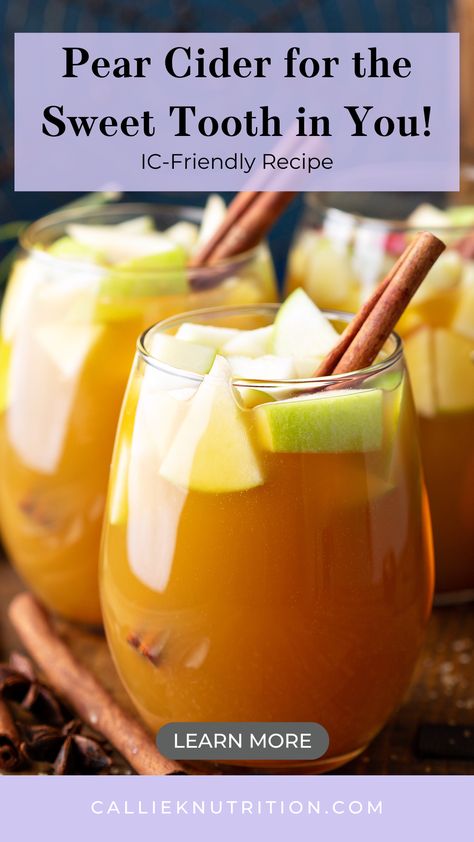 Indulge your sweet tooth with this comforting Pear Cider recipe, perfect for a cozy dessert or morning treat. Simply heat pear juice with warming spices like cinnamon, ginger, and allspice. Customize sweetness to taste with a touch of white sugar. Enjoy a sip of warmth and sweetness! 🍐✨ Pear Juice Recipes, Pear Cider Recipe, Recipe Using Pears, Bladder Friendly Recipes, Canning Pears, Pear Cider, Cider Recipe, Pear Juice, Herbal Drinks