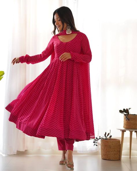 *PURE FOX GEORGETTE LAHERIYA PRINT FABRIC FULLY FLAIR ANARKALI,WITH DUPPTA SET,PENT READY TO WEAR* https://fashioncave.us/products/fashioncave-pure-fox-georgette-pink-anarkali-suit-ready-to-wear Daily Wear Dresses, Printed Anarkali Suits, Georgette Anarkali Suits, Diwali Dresses, Lehenga Crop Top, Anarkali Dresses, Georgette Anarkali, Rani Pink, Lehenga Choli Wedding