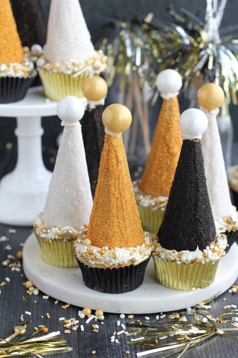 New Years Eve Party Hat Cupcakes - Baking with Blondie Baking With Blondie, Easy Vanilla Cupcakes, Hat Cupcakes, New Years Eve Traditions, The Countdown Begins, Simple Decorating, Jello Shot Recipes, Vanilla Cupcake Recipe, White Cake Recipe