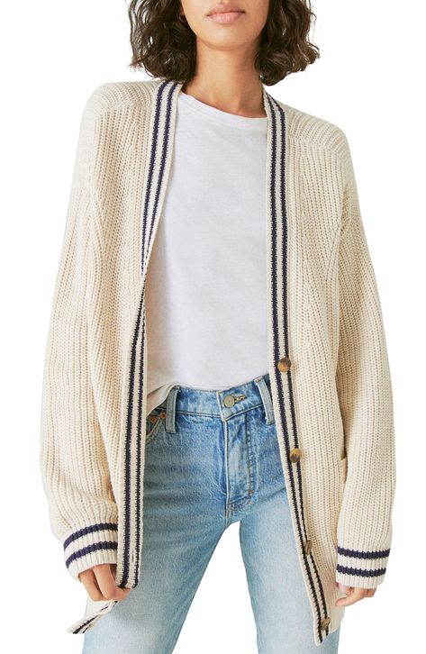 Lucky Brand Textured Varsity Knit Cardigan available at #Nordstrom Casual Outfits Men, Varsity Cardigan, Capsule Wardrobe Essentials, Spring Knits, Vacay Outfits, Fitted Cardigan, Summer Capsule, Taylor Swift Eras, Summer Chic