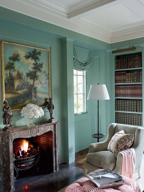 16 Serene Blue-Green Interiors Photos | Architectural Digest Green Painted Rooms, Stratton Blue, Blue Green Rooms, Blue And Green Living Room, Painted Bookshelves, Georgian Style Homes, Turquoise Walls, Pastel Room, Georgian Homes