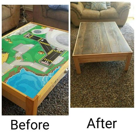 Repurposed train table Repurpose Train Table, Repurposed Train Table, Train Table Coffee Table, Upcycle Train Table, Train Table Repurpose Ideas, Train Table Makeover, Bees Craft, Lamp Redo, Toy Room Organization