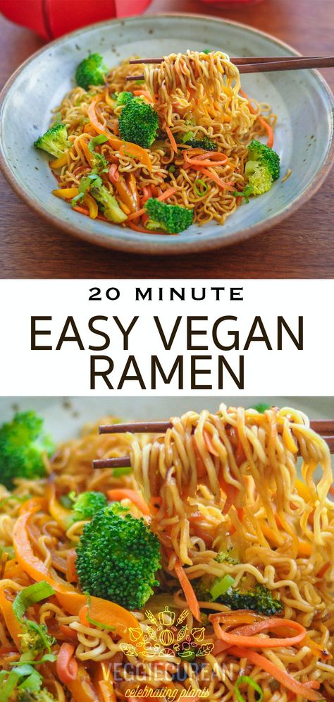 Ramen noodles are a classic Asian family favorite. This is a quick and healthy homemade take on Veggie Ramen. It’s so easy, it only takes about 10 minutes to make, and there’s almost zero prep time or cleanup. We added carrots and broccoli to the noodles, but you can play around with adding tofu and any veggies in your fridge! #ramen #vegan #vegetables #plantbased #japanese Easy Vegan Ramen, Veggie Ramen, Vegan Ramen Recipes, Vegetable Ramen, Healthy Ramen, Vegetarian Ramen, Easy Ramen, Asian Family, Ramen Recipe