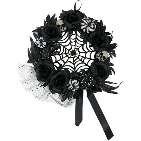 Halloween decorating is at its easiest with Haunted Hill Farm! Add a tastefully creepy touch to your home this season with our Spooky Decor Collection. Our gothic-inspired floral wreath is just what you need to turn your home into the scariest house on the block. Enchanted black flowers, long black boa feathers, dungeon skulls, plus black and white pumpkins will give your door an ominous, sinister vibe. For extra bone-chilling essence, the spiderweb center will have your guests wondering what el Black And White Pumpkins, Spider Web Wreath, White Floral Wreath, Halloween Wreath Ideas, Wreath With Pumpkins, Halloween Black And White, Wednesday Party, Moon Wreath, Unique Halloween Decorations