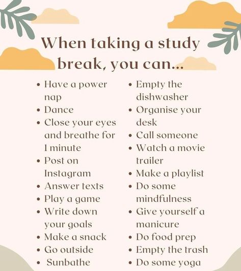 Study Break Ideas, Inspirational Quotes Study, At Home Diy Crafts, A Grade Student, Schedule Ideas, Study Snacks, Break Ideas, Activities Outdoor, Study Strategies