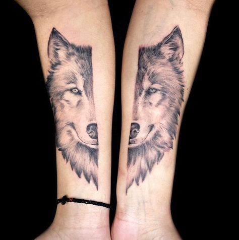 Sozos Dimosthenous on Instagram: “Matching Wolf Tattoo . . . Done at @sevenstonestattoo For @kikilampada and @anastasia.lampada ! .⁣ .⁣ .⁣ .⁣ .⁣ #wolf #blackandgrey…” Wolf Tattoo Matching, Wolf And Pups Tattoo, Matching Wolf Tattoos, Couples Wolf Tattoos, Matching Couple Tattoos, Dad Tattoos, Wolf Tattoos, Wolf Tattoo, Dad Daughter