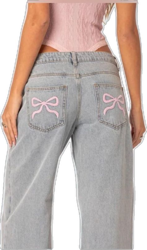 Jeans With Bows, Wide Cuff Jeans, Bow Jeans, Cloth Ideas, Bow Embroidery, Pleather Pants, Light Jeans, 14th Birthday, Relaxed Jeans