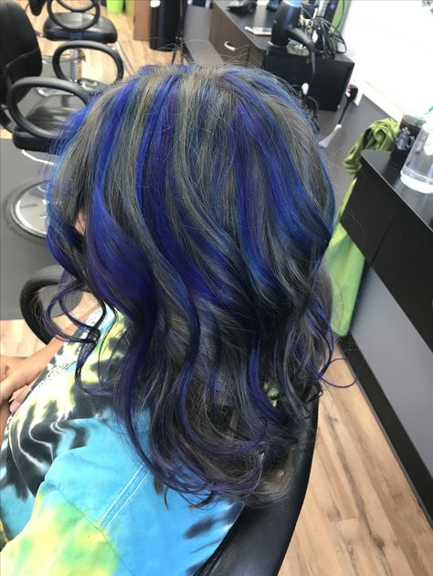 Blue chunky highlights Blue Chunks In Hair, Blue Chunky Highlights In Black Hair, Chunky Purple Highlights For Brown Hair, Blue Chunky Highlights In Brown Hair, Chunky Blue Highlights On Dark Hair, Blue Skunk Highlights, Colored Chunky Highlights, Blue Highlights In Light Brown Hair, Highlights Blue Hair