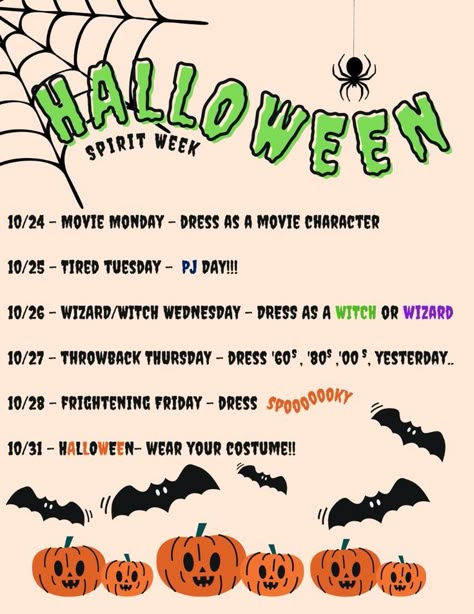 Spirit Days For Work, October Spirit Week Ideas, Holiday Spirit Week, School Spirit Ideas Pep Rally, Halloween Movie Night Party, Spirit Week Ideas, Spirit Week Themes, Spirt Halloween, Spirit Day Ideas