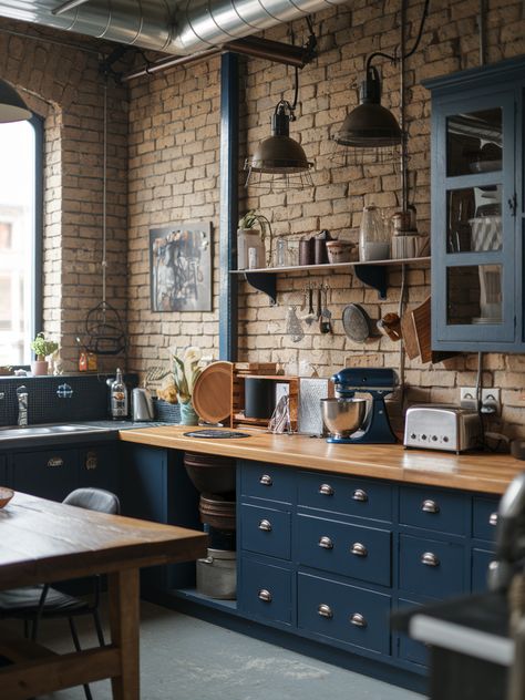 27 Navy Blue Kitchen Cabinets – Your Motor Geek Blue And Brick Kitchen, Matt Blue Kitchen, Wall Colors With Navy Cabinets, Navy Kitchen Inspiration, Navy Kitchen Cabinets Color Combos, Navy And Cream Kitchen, Dark Blue Cabinets Kitchen, Colourful Cabinets, Kitchen Remodel Blue