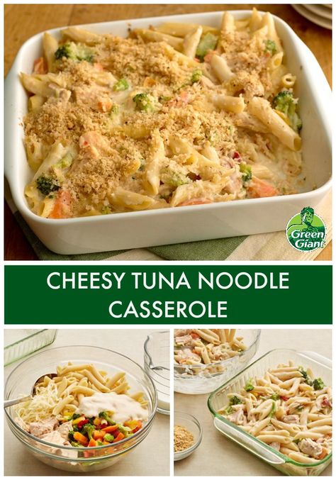 Cheesy Tuna Noodle Casserole using Green Giant veggies. Prepared Alfredo sauce is the perfect base for this extra creamy, cheesy tuna and vegetable casserole. This delicious 3 step recipe only takes 30 minutes to make. Cheesy Tuna Noodle Casserole, Cheesy Tuna Casserole, Friday Dinner, Tuna Noodle Casserole, Tuna Noodle, Tuna Casserole, Budget Recipes, Vegetable Casserole, Noodle Casserole