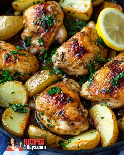 Lemon Garlic Chicken and Potatoes Lemon Chicken And Potatoes In Oven, Garlic Chicken And Potatoes, Lemon Garlic Chicken Breast, Roasted Chicken And Potatoes, Potatoes In Oven, Chicken And Potatoes, Stanley Tucci, Lemon Garlic Chicken, Steamed Vegetables