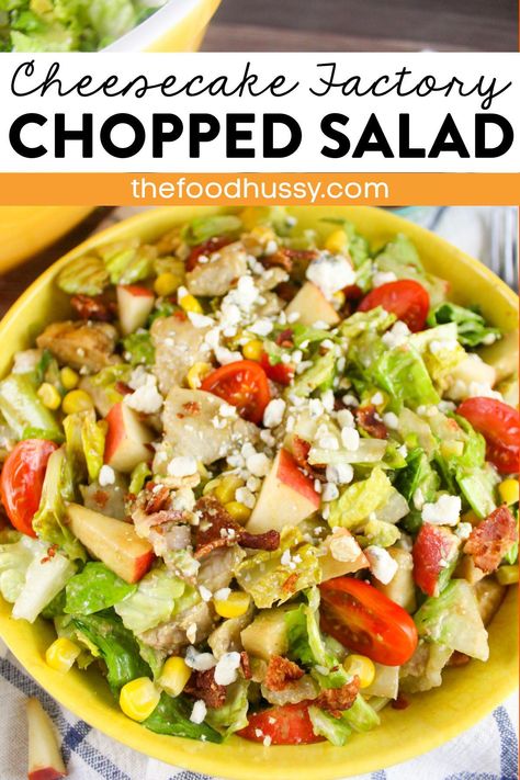 Cheesecake Factory Chopped Salad is a delicious blend of romaine, juicy grilled chicken, grape tomatoes, diced avocado, sweet corn, smoky bacon, chunks of blue cheese and diced apple all tossed in a light Balsamic Vinaigrette! This salad has something for everyone - with a little crunch, a little sweet, a little meat - it's my favorite! Copycat Cheesecake Factory Chopped Salad, Copycat Cheesecake Factory Salad, Cheesecake Factory Chicken Salad Recipe, Cheesecake Factory Chopped Salad Recipe, Cheesecake Factory Salads, Specialty Salads, Chopped Salad Dressing, Awesome Salads, Juicy Grilled Chicken