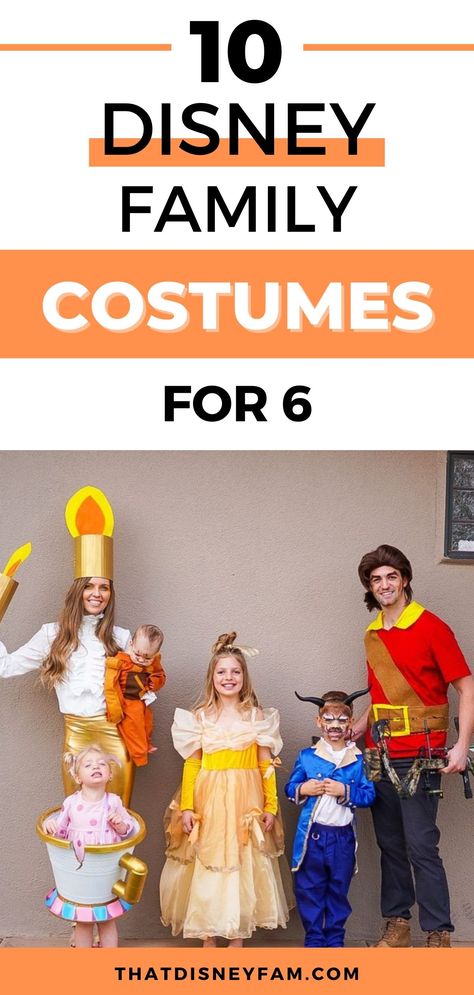 disney costumes for 6 people Family Villan Halloween Costumes, 6 Person Family Halloween Costumes, Disney Family Costume Ideas, Beauty And Beast Costumes Family, Easy Beauty And The Beast Costume, Aladdin Group Costume, Disney Family Costumes For 5, Family Halloween Costumes 2 Daughters, Sleeping Beauty Family Costume