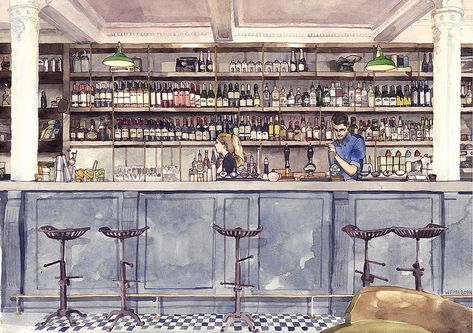 Wil Freeborn The Fountain Bar, Edinburgh | Flickr - Photo Sharing! Sketch Bar, Art Random, Interior Design Sketches, Sketch Books, Presentation Layout, Interior Sketch, Design Presentation, Restaurant Concept, Interior Rendering