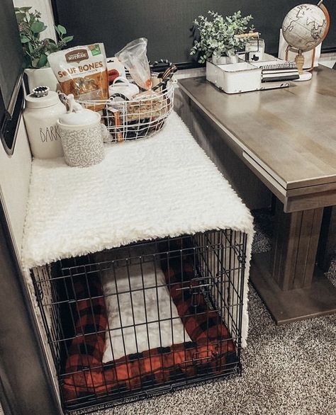 Comfy Dog Crate, Dog Area Small Apartment, Dog Set Up In Bedroom, Dog Area In Apartment Small Spaces, Puppy Corner Ideas In Bedroom, Dog Setup Ideas, Dog Area Apartment, Dog Crate Area, Puppy Organization Ideas