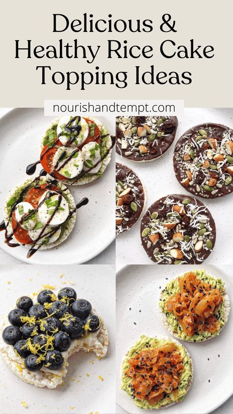 Four rice cake topping ideas including a pesto mozzarella, blueberry ricotta, avocado kimchi and chocolate-topped with nuts and seeds. Healthy Rice Cake Toppings, Rice Cake Pizza Recipe, Rice Cakes Toppings Lunches, Rice Cake Avocado Toast, Rice Cake Recipes Breakfast, Rice Cake Breakfast Ideas, Rice Cake Ideas, Rice Cake Recipes Healthy, Cake Topping Ideas