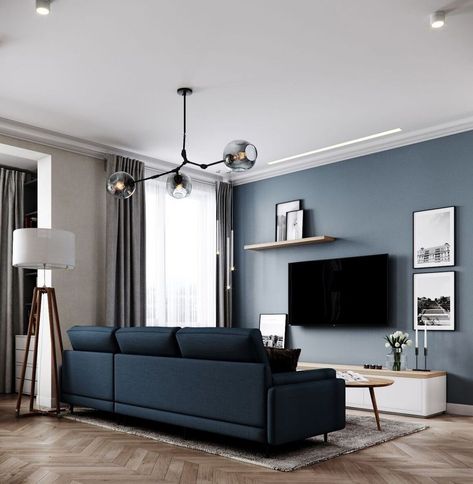 Light Grey Walls With Dark Blue Accent Wall, Blue Accent Tv Wall Living Room, Elegant Paint Colors For Living Room, Blue Livingrooms Design Ideas, Small Living Room Decor Sofas, Blue Wall Living Room Ideas, Blue Sofa Living Room Color Combinations, Blue Walls Living Room, Blue Sofas Living Room