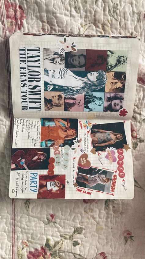 Taylor Swift Inspired Design, 1989 Taylor Swift Journal, Taylor Swift Song Book, Books Inspired By Taylor Swift, Scrapbook Journal Taylor Swift, Taylor Swift And Books Aesthetic, Taylor Swift Confetti Ideas, Taylor Swift Scrapbook Page, Taylor Swift Bujo Ideas