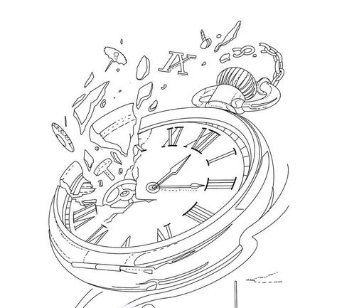 Broken Clock Design, Clock Tattoo Drawing, Melting Clock Tattoo, Timepiece Tattoo, Time Clock Tattoo, Pocket Watch Drawing, Clock And Rose Tattoo, Dollar Tattoo, Chest Tattoo Stencils