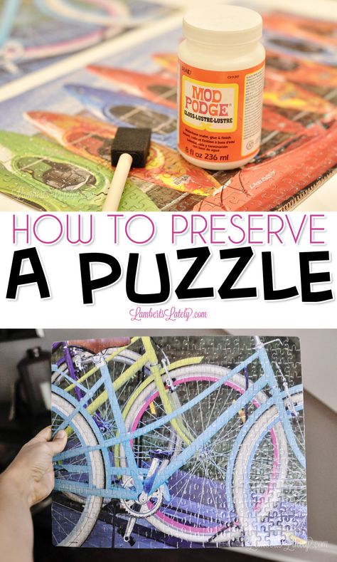 This tutorial on how to preserve a puzzles uses a simple glue-type formula (Mod Podge) to stick the puzzle pieces together permanently. Great to use for hanging/framing a puzzle! Homemade Puzzle Glue, Preserving Jigsaw Puzzles, Glue A Puzzle Together How To, Puzzle Saving Ideas, Puzzles As Wall Art, How To Preserve A Puzzle For Framing, Framing A Puzzle Diy, How To Frame Puzzles, Diy Puzzle Frame Ideas