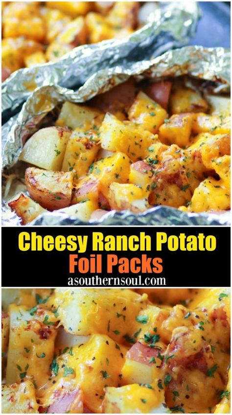 Cheesy Potatoes Foil Packet, Good Grilling Food, Cooking On The Wild Side Recipes, Bbq Dinner Ideas Grill Sides, Good Cookout Side Dishes, Cool Summer Side Dishes, Things To Make With Ranch Seasoning, Easy Dinner Ideas On The Grill, Dinners For Farmers