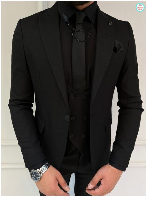 Dark Black Suit Men, Fancy Black Suits For Men, Black On Black Wedding Suit, Black Suit Men Formal Classy, All Black Suit Men Wedding, Black Suits Groomsmen, All Black Wedding Suit, All Black Suit Men, Modern Suits Men