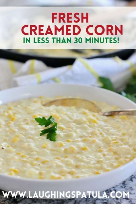 Cream Corn Recipe With Fresh Corn, Creamed Corn Recipe With Cream Cheese, Fresh Creamed Corn, Fresh Corn Recipes, Homemade Cream Corn, Corn Cream, Corn Recipes Side Dishes, Holiday Entertaining Food, Creamed Corn Recipes