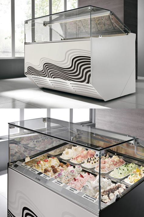 Gelato Display Ideas, Gelato Display, Ice Cream Display, Pasta Shop, Gelato Ice Cream, Food Kiosk, Bakery Decor, Ice Cream Cart, Food Equipment