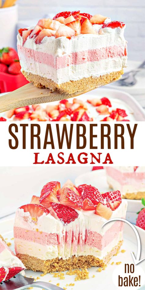 Very Berry Dessert Lasagna Recipe, Dessert Recipes Lasagna, Fun Strawberry Desserts, Potluck Desserts No Bake, Casserole Recipes Dessert, No Bake Strawberry Jello Lasagna, No Bake Strawberry Lasagna, Dessert Casserole Recipes Sweets, Easy Layer Desserts