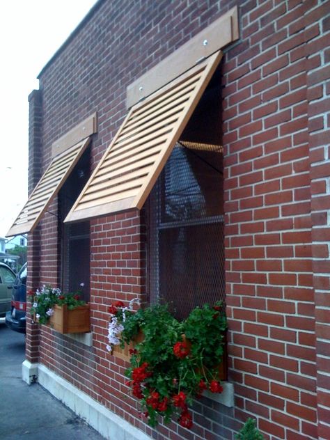 Bahamas shutters used as awnings block out the afternoon soon while allowing you to see outside. Diy Window Shades, Awning Ideas, Front Door Canopy, Bahama Shutters, Diy Awning, House Awnings, Window Awning, Exterior Window, Outdoor Window