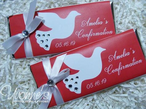 Yvonnes Candy Bar Boutique can create the most unique party favors for your next event! Our candy and gum wrappers will create a wow factor with your guests that will leave a lasting impression. If you dont see what youre looking for in our shop, please reach out to us and we will create a design as Confirmation Party Ideas, Chocolate Bar Favors, Confirmation Ideas, Dove Design, Catholic Confirmation, Confirmation Party, Confirmation Cakes, First Communion Decorations, Truffle Boxes