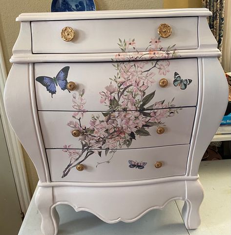 I used a prima redesign furniture transfer & i am so pleased!! Prima Redesign, Redesign Furniture, Bombay Chest, Whimsical Painted Furniture, Bedside Drawers, Painted Jewelry Boxes, Decoupage Ideas, Decoupage Furniture, Furniture Paint