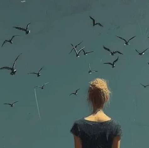 Paola Luther | This painting depicts a lone figure standing in a field, gazing at a sky filled with birds in flight. The striking contrast between the... | Instagram Bird In Flight Painting, Birds In Flight Art, Standing In A Field, Minimalist Details, Freedom Art, Artwork Portrait, Connection With Nature, Birds In The Sky, A Sky