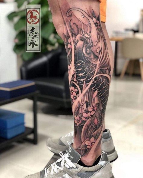 Japanese Lower Leg Tattoos For Men, Japanese Calf Sleeve, Orientalism Art Tattoo Leg, Japanese Half Leg Sleeve Tattoo, Japanese Leg Tattoos For Men, Japan Tattoo Leg, Koi Fish Tattoo On Leg, Japanese Calf Tattoo Men, Tattoo Calf Men