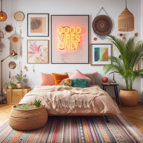 Bright, bold, and full of energy, this bohemian bedroom is all about embracing the good vibes. Pin this to your "Dream Home" board as inspiration for creating a space that's as lively and joyful as you are. With a neon sign to light up the room, it's perfect for anyone looking to add a splash of personality to their sanctuary. #LuxuryParentalRetreats #BohoChic #HomeDecor #JoyfulSpaces Bedroom Bohemian Modern, Bohemian Colorful Bedroom, Bohimi Room Style, Bold Bohemian Bedroom, Bohemian Bedroom Decor Colorful, Boho Condo Decor, Bedroom Modern Colorful, Colorful Bright Room Aesthetic, Living Room Neon Sign Ideas