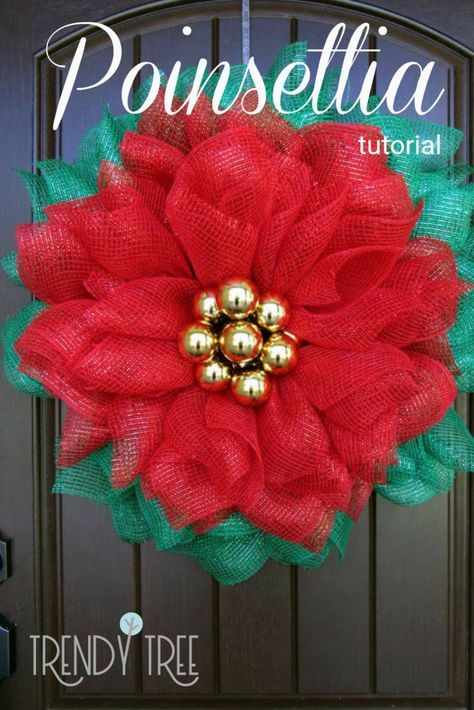 Poinsettia Wreath Tutorial, Crown Tutorial, Burlap Wreath Tutorial, Deco Mesh Wreaths Tutorials, Deco Mesh Wreaths Diy, Mesh Wreath Tutorial, Dollar Tree Halloween, Poinsettia Wreath, Christmas Wreaths Diy Easy