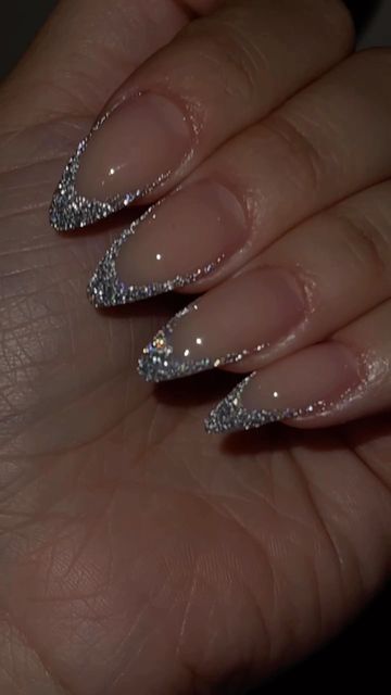 Silver Sparkle Nails French Tip, Silver Glitter French Tips Almond, Sliver Homecoming Nails, Glittery Nails Silver, Reflected Glitter Nails, Disco French Nails, Sparkly Classy Nails, Sparkle Almond Nails Glitter, Silver Party Nails