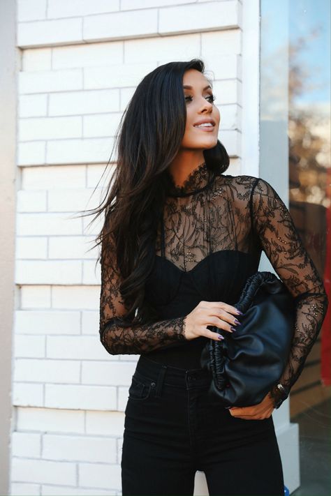 johnathan simkai lace top Black Lace Undershirt, Black Lace High Neck Top, Lace Top Outfit White, Black Lace Top Outfit, Lace Shirt Outfit, Lace Undershirt, Mesh Top Outfit, Andee Layne, Fashion Top Outfits