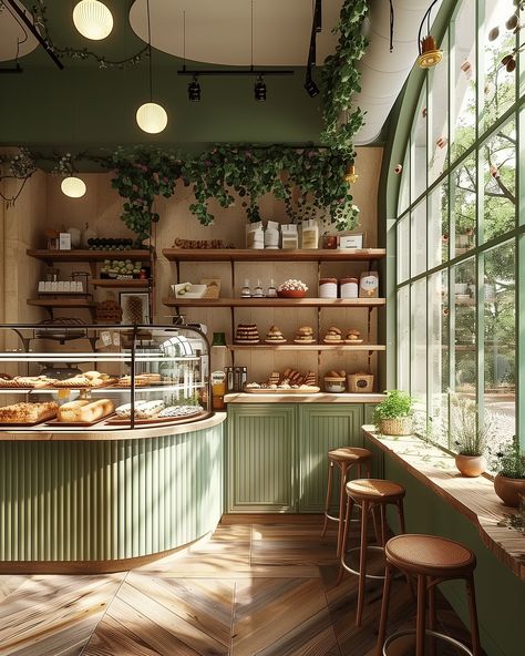 This might be the bakery of our dreams. ☕️  Lush greenery, shelving that complements the pastries, and an abundance of natural light.  Which NYC neighborhood can you envision this in?  (AI created by @socialnectarco) Pastry Restaurant Design, Bakery Island Display, Vintage Italian Coffee Shop, New York Coffee Shop Interior, Idea For Coffee Shop Design, French Shop Interior, Open Concept Coffee Shop, Natural Light Coffee Shop, Cafe Front Counter