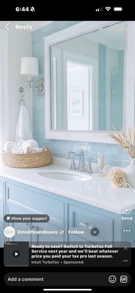 Coastal Bathroom Showers, Coastal Modern Master Bath, Bathroom With Light Blue Vanity, Beachy Shower Tile Ideas, Light Blue Bathrooms, Beige And Blue Bathroom, Small Beach Bathroom Ideas, Powder Blue Bathroom, Beach House Guest Bathroom