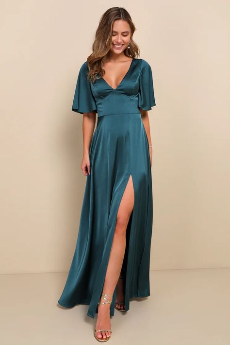 blue - Lulus Search Dark Teal Bridesmaid Dresses, Teal Satin Dress, Dark Teal Dress, Romantic Essence, Teal Bridesmaid, Teal Bridesmaid Dresses, Teal Wedding, Cutout Maxi Dress, Guest Attire