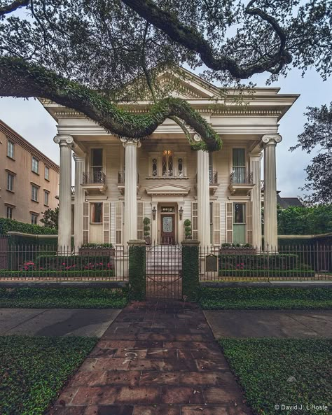 Greek Revival Home Exterior, Greek Houses Exterior, New Orleans Mansion, New Orleans Style Homes, New Orleans Garden District, Greek Revival Architecture, New Orleans Architecture, Southern Colonial, Gothic Mansion