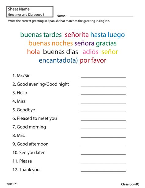 Spanish greetings matching #classroomiq #spanishworksheets #newteachers Spanish Introductions And Greetings, Spanish Introduction Worksheet, Spanish Test For Beginners, Spanish Greetings Worksheet, Elementary Spanish Worksheets, Spanish Practice Worksheets, Beginner Spanish Worksheets, Spanish Conversation, Spanish Greetings