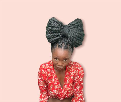 Two loops style is in a form of bow tie for braid lovers , rock babe 😉 Loop Hairstyle, Bow Hair Styles On Braids, Locs Hairstyles With Bows, Bow Hairstyle Black Women Braids, Boho Braids With Bow, Bow Trend With Braids, Lovers Rock, Trendy Hairstyles, Bow Tie