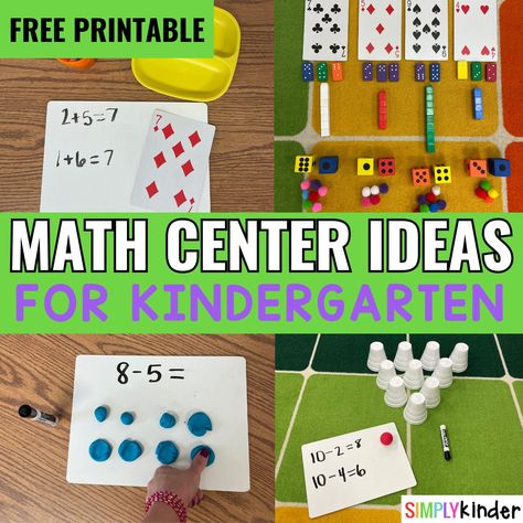 Math Center Ideas for Kindergarten - Simply Kinder Math Intervention Kindergarten, Center Ideas For Kindergarten, Math Center Ideas, Kindergarden Math, Math Stations Kindergarten, Subtraction Centers, Writing Center Kindergarten, Ideas For Kindergarten, Kindergarten Math Free