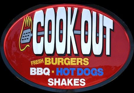 Cookout Restaurant, Bbq Hot Dogs, Cook Out, Dog Shaking, Restaurant Signs, Pizza Place, Low Cal, Burger King Logo, Soft Drinks