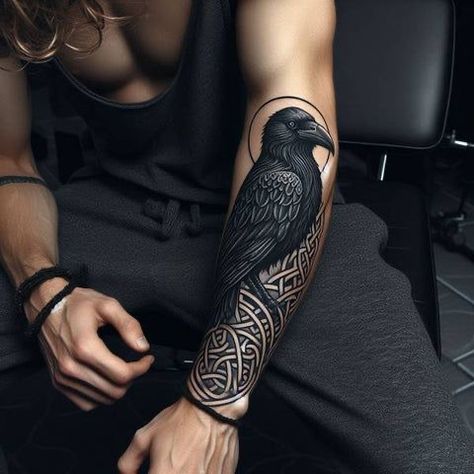 Viking Raven Tattoo Design, Black Crow Tattoos, Raven Tattoos, Crow Tattoos, Forearm Cover Up Tattoos, Rabe Tattoo, Viking Tattoo Sleeve, J Tattoo, Nordic Mythology