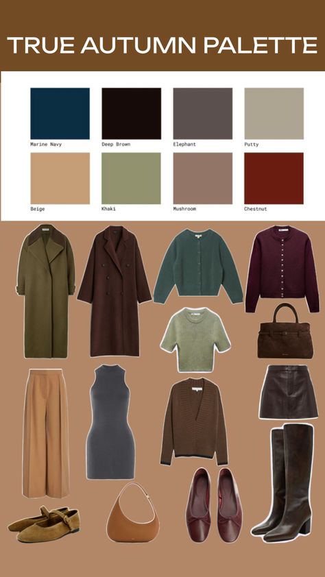 True autumn, warm autumn color palette Fall Color Combinations Clothes, Mellow Autumn Style, Autumn Color Theory Outfits, Autumn Colour Palette Clothes Outfit, Warm Tone Color Palette Clothes, Dark Autumn Vs True Autumn, True Autumn Black Women, Color Analysis Autumn Outfit, Dark Autumn Winter Outfits