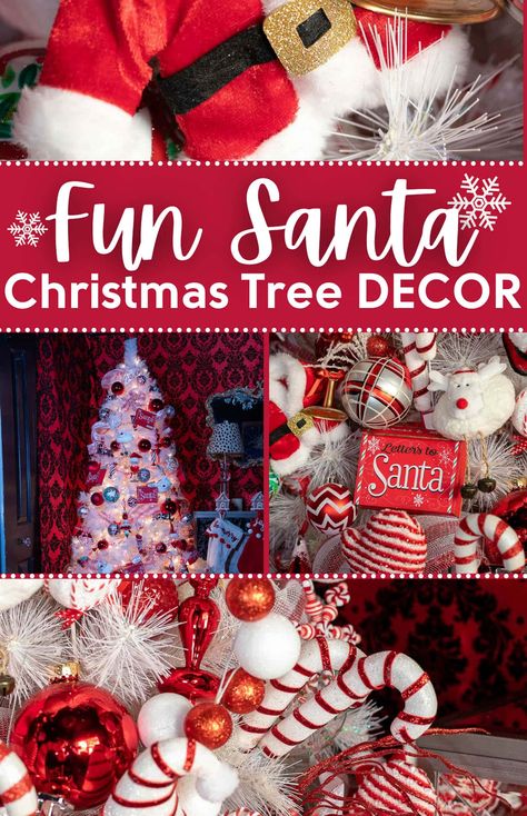 With red and white ribbon, Santa ornaments and picks and a Santa hat tree topper, this Santa Christmas tree theme is a fun and festive way to decorate for Christmas. Red And White Santa Christmas Tree, Diy Santa Tree Topper, Santa Clause Christmas Tree Ideas, Santa Tree Decorations, Santa Trees Theme, Santa Claus Tree Theme, Santa Christmas Tree Ideas, Christmas Tree Santa Theme, Santa Claus Christmas Tree Theme